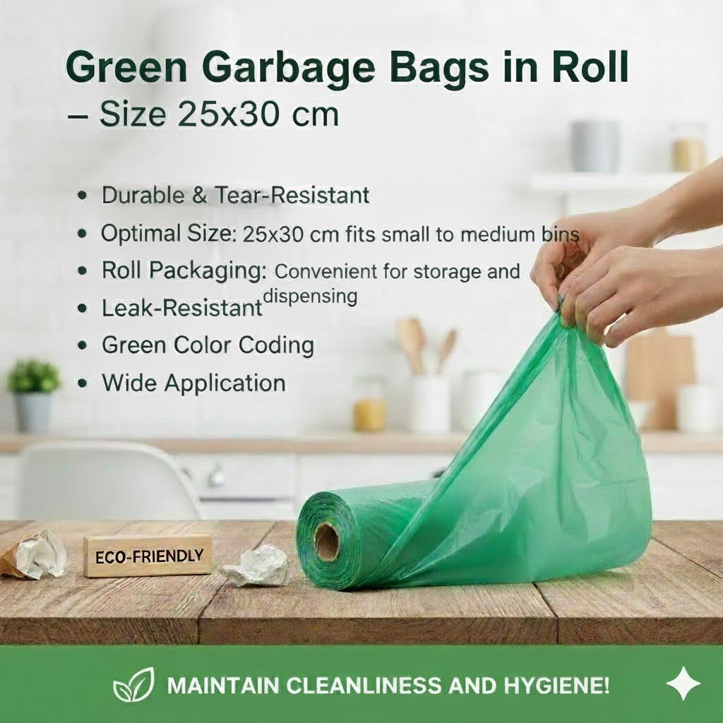 Garbage Bag in Green Roll (Size-25×30), pack-5