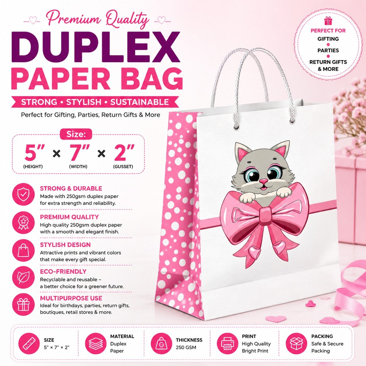 Paper Bag Duplex Cat Size-5x7x2, (pack of 10 pcs)