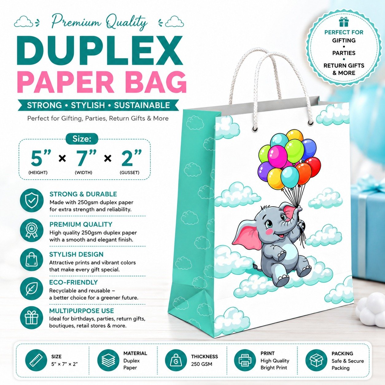 Paper Bag Duplex Elephant Size-5x7x2, (pack of 10) pcs