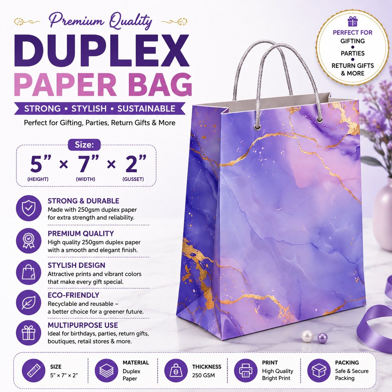 Paper Bag Duplex Purpal Size-5x7x2, (pack of 10 pcs)