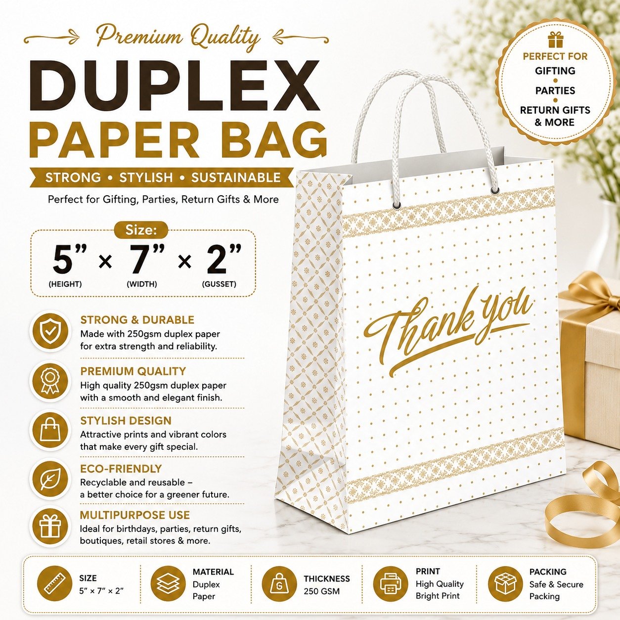 Paper Bag Duplex Thank You Golden Size-5x7x2, (Pack of 10 Pcs)