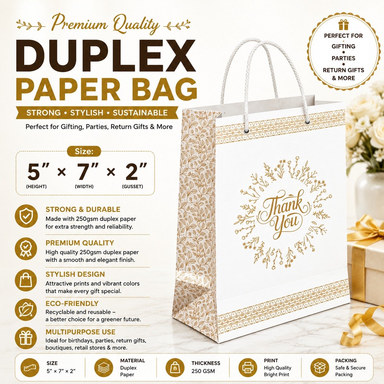 Paper Bag Duplex Thank You Golden Size-5x7x2, (Pack of 10 Pcs)