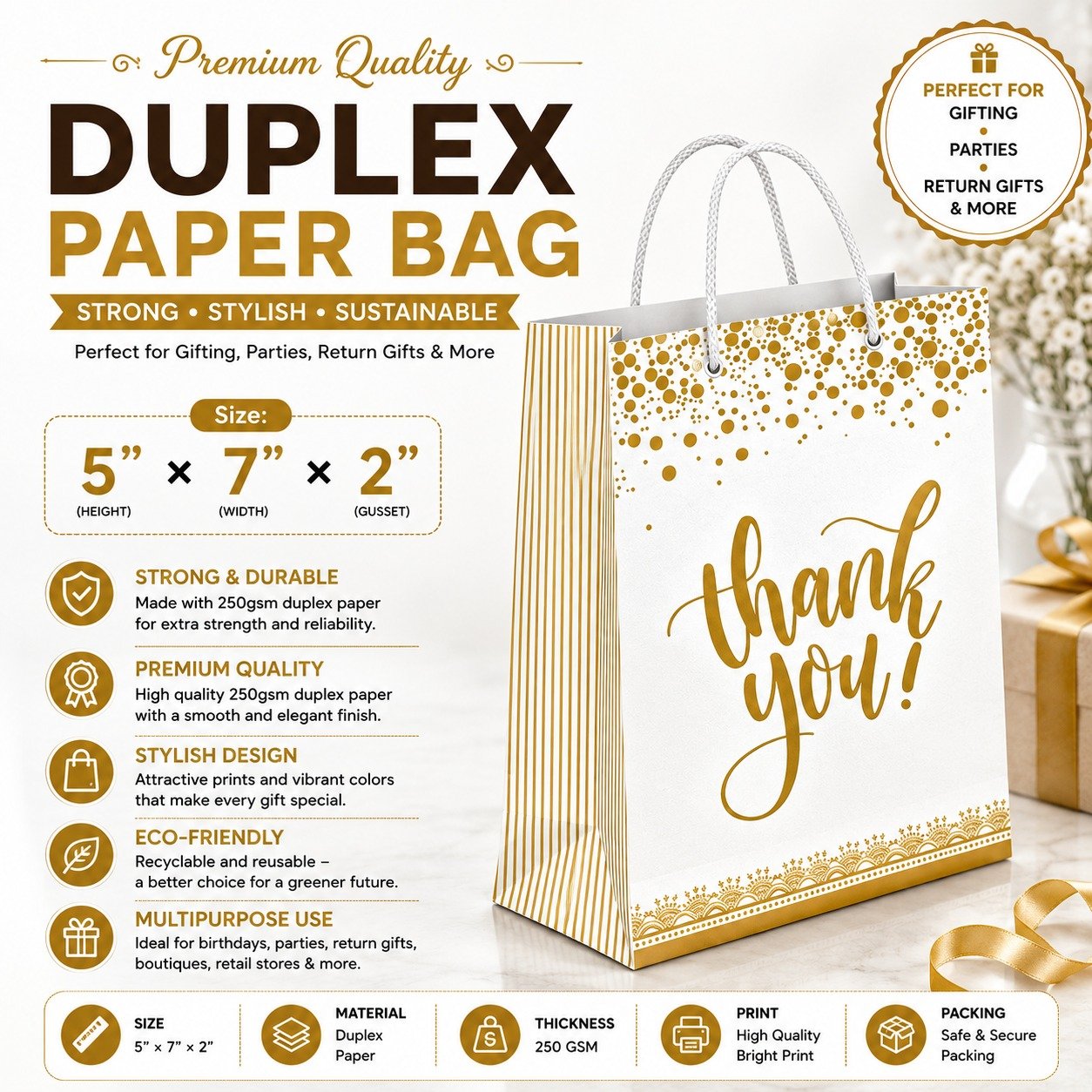 Paper Bag Duplex Thank You Golden Size-5x7x2, (Pack of 10 Pcs)