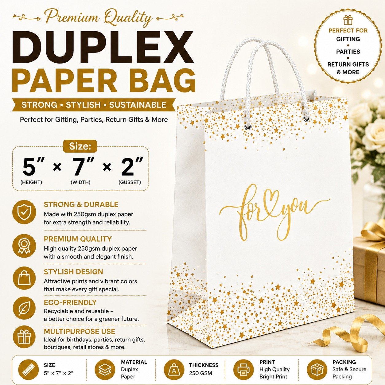 Paper Bag Duplex Golden For You Size-5x7x2, (Pack of 10 Pcs)