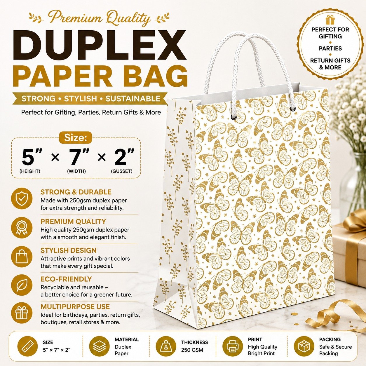 Paper Bag Duplex Golden Butterfly Design Size-5x7x2, (Pack of 10 Pcs)