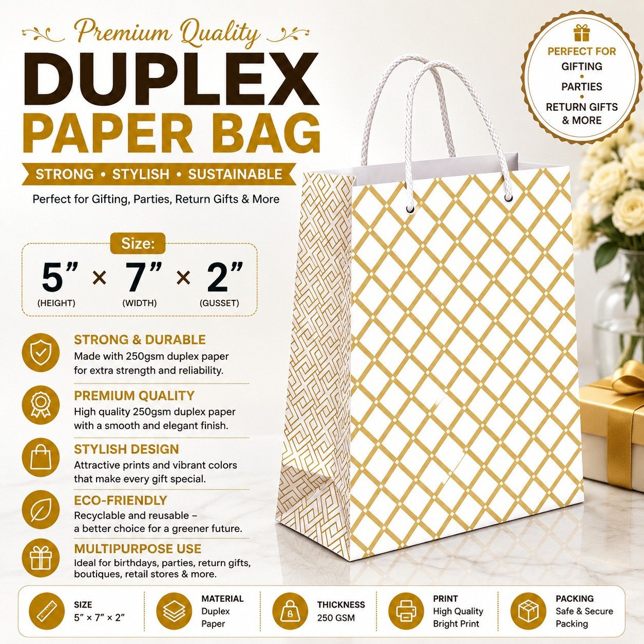 Paper Bag Duplex Golden Square Design Size 5x7x2 (Pack of 10 Pcs)