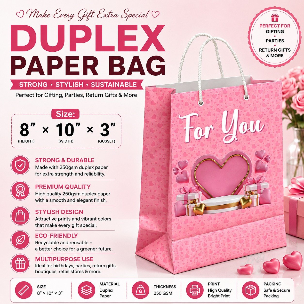 Paper Bag Duplex Pink For you Size 8x10x3, (Pack of 10 Pcs)