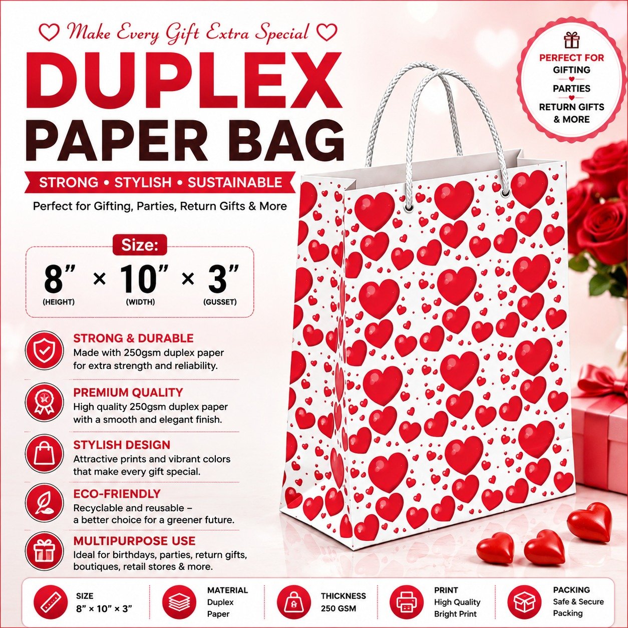 Paper Bag Duplex Red Present Size-8x10x3, (Pack of 10 Pcs) - Image 2