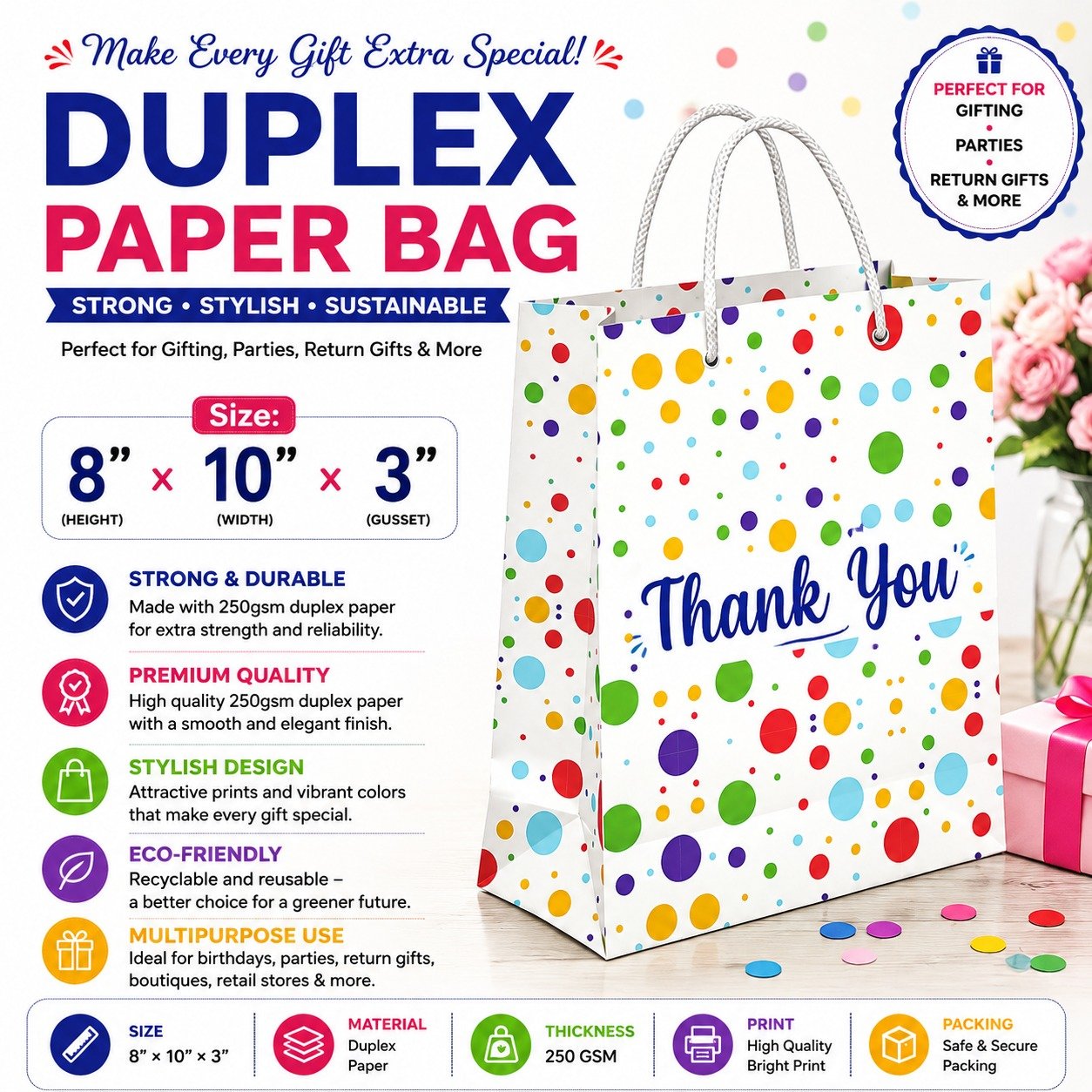 Paper Bag Duplex Color Party Props,Size-8x10x3 (Pack of 10 Pcs)