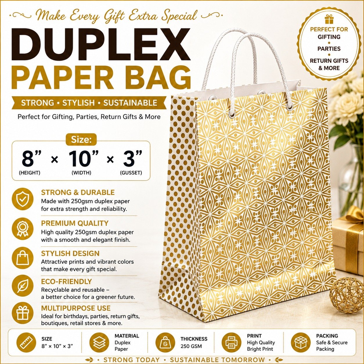 Paper Bag Duplex Golden 3D Golden Geometric Size-8x10x3, (Pack of 10 Pcs)