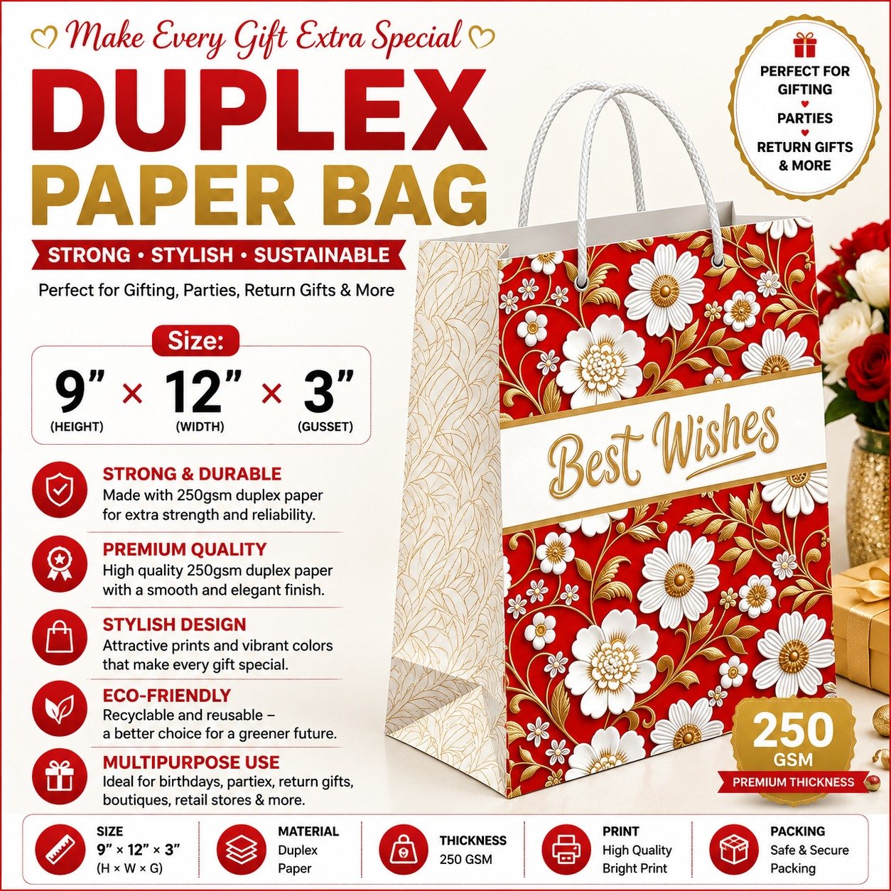 Paper Bag Duplex Red Best Wishes Size-9x12x3, (Pack of 10 Pcs)