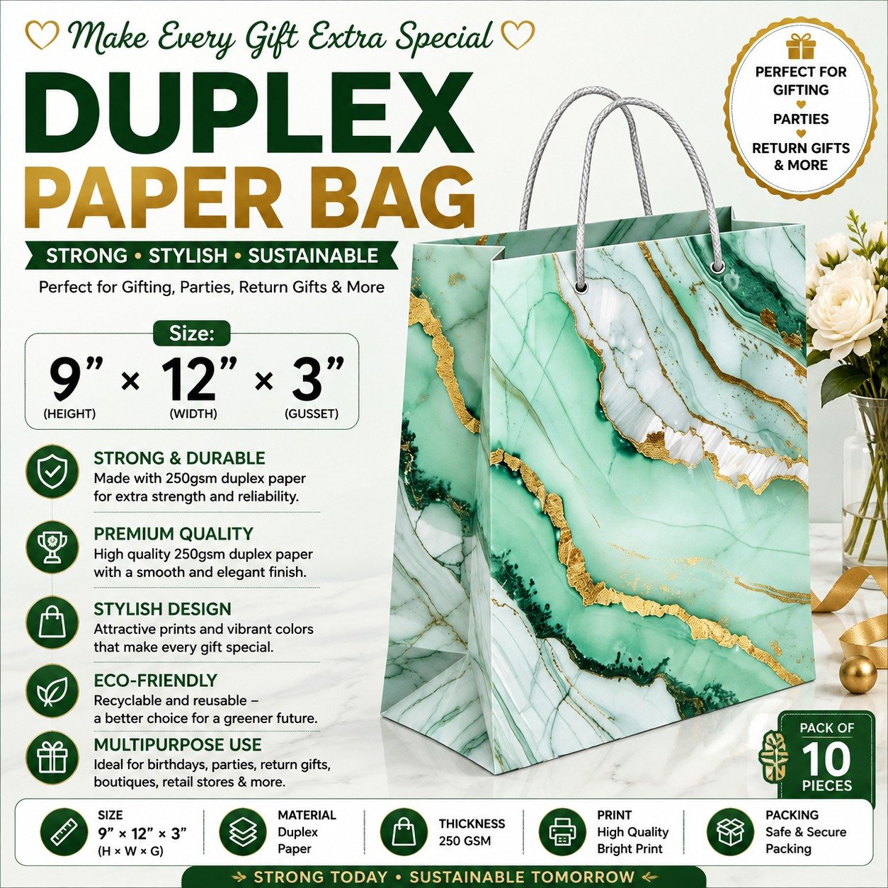 Paper Bag Duplex Green Marble Size-9x12x3, (Pack of 10 Pcs)