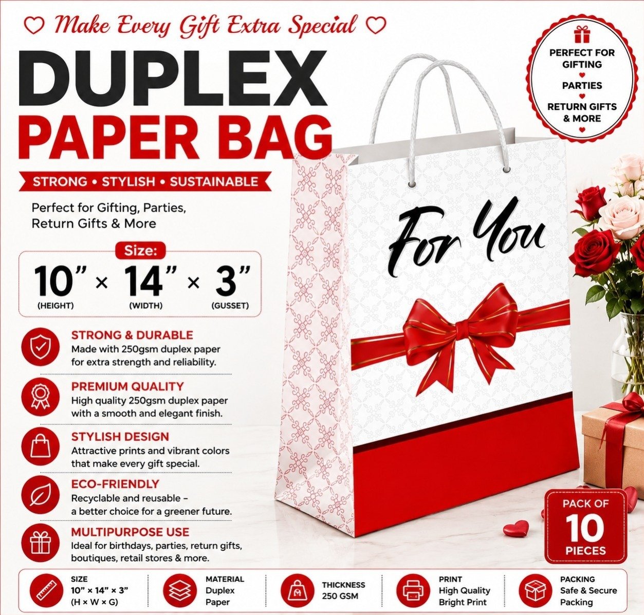 Paper Bag Duplex Red Ribbon Design Size-10x14x3, (Pack of 10 Pcs)