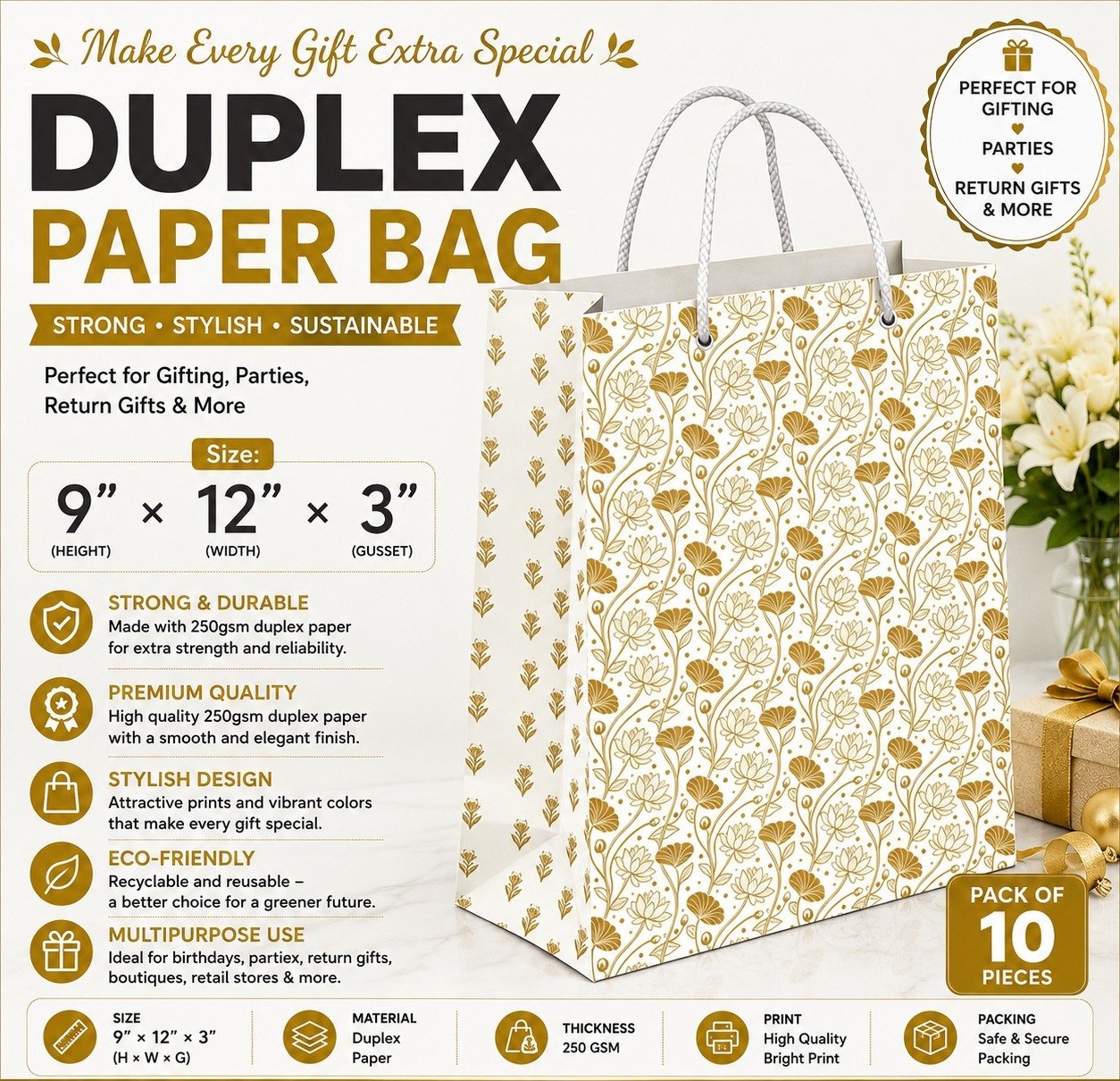 Paper Bag Duplex Golden Lotus Size 10x14x3 (Pack of 10 Pcs)
