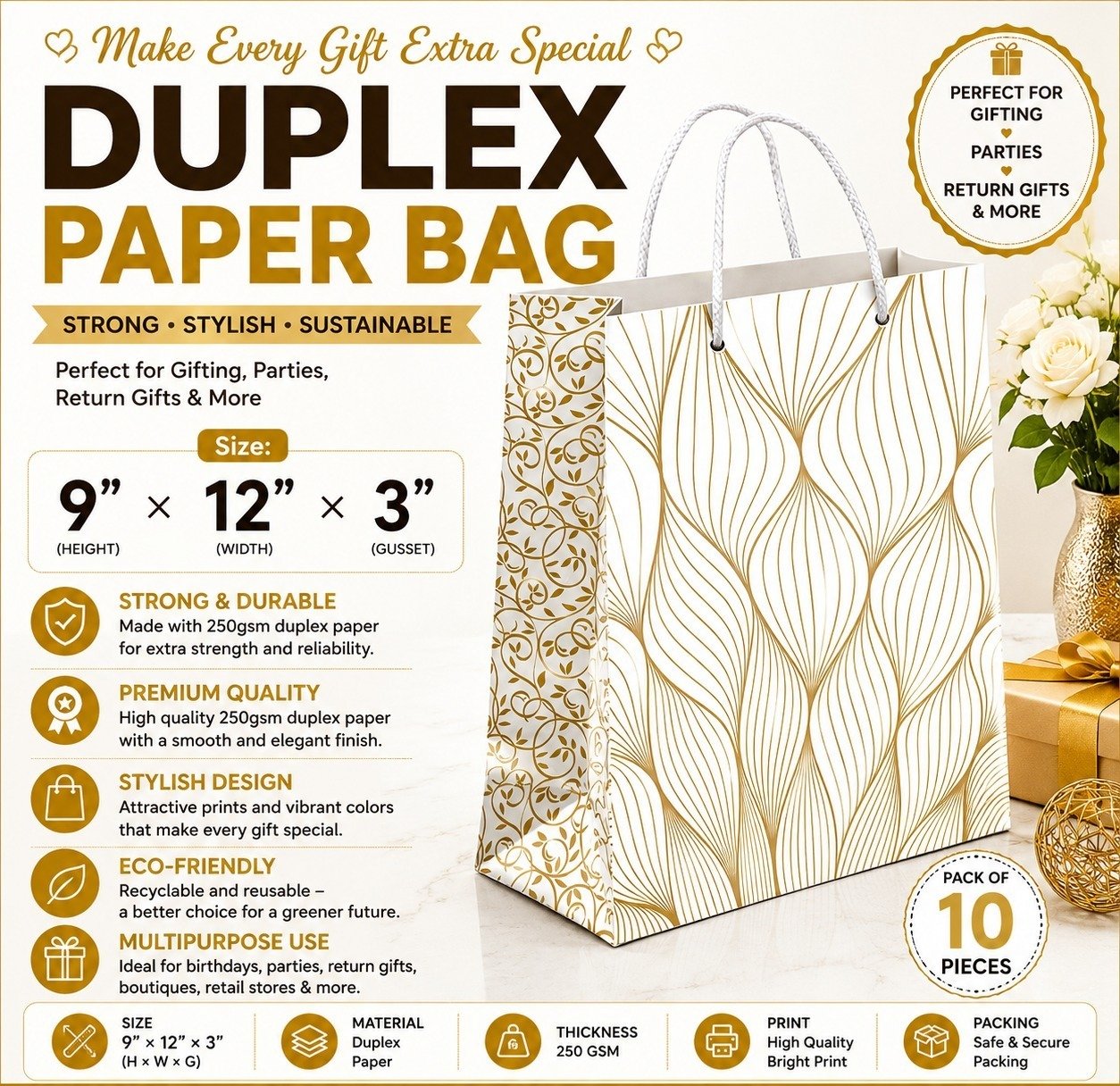 Paper Bag Duplex Golden Waves Size-9x12x3, (Pack of 10 Pcs)